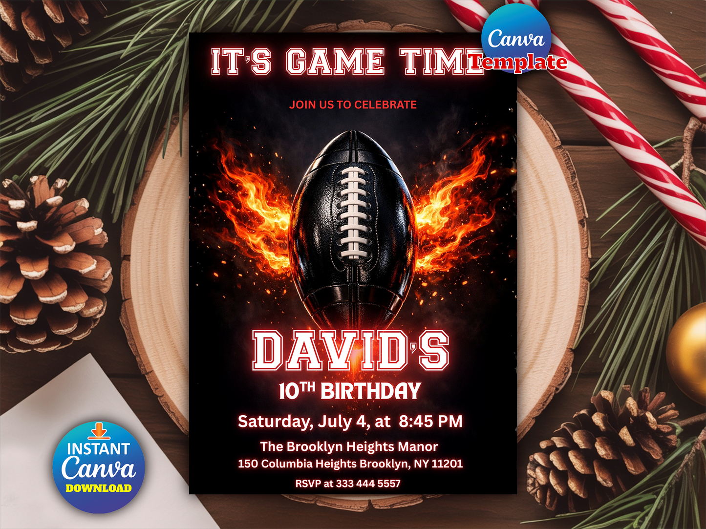 Editable Neon Football Birthday Party Invitation