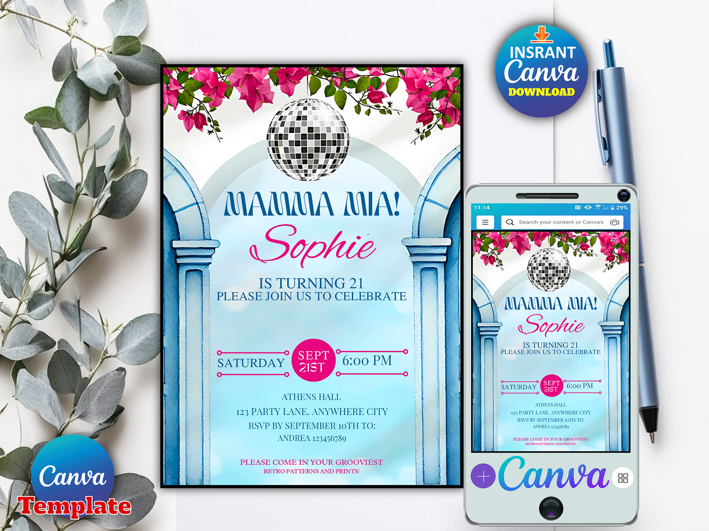 Mamma Mia Disco 21st Birthday Invitation Template - Editable Canva Digital Download