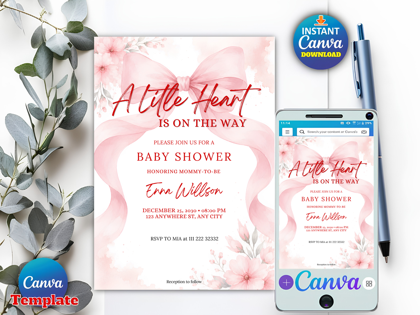 Pink Bow Baby Shower Invitation Template 5x7 | Baby Girl Shower Canva Invite Coquette Bow Baby Shower | Editable Text Only Instant Download