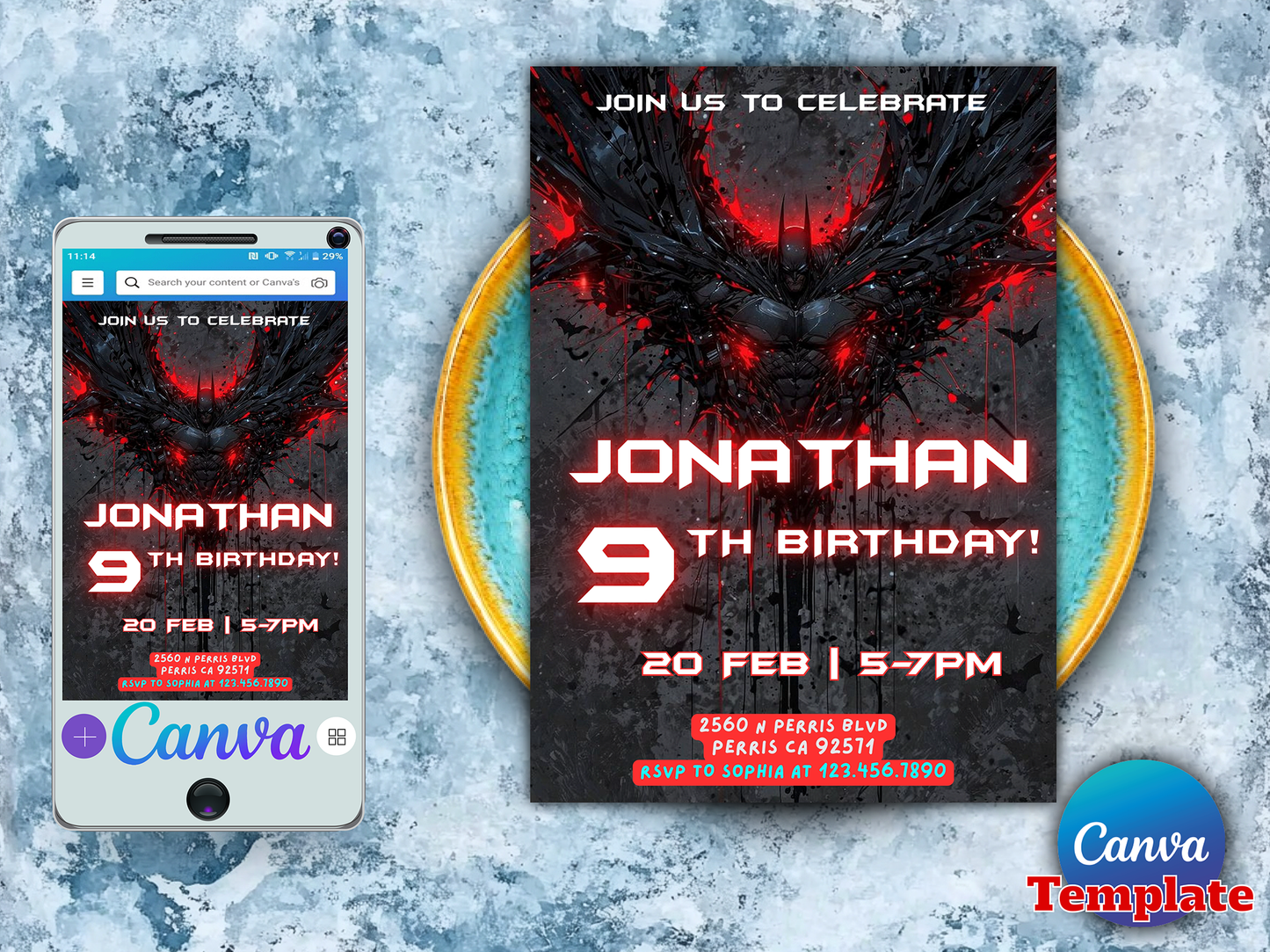 Dark Knight Batman Themed 9th Birthday Invitation Canva Template