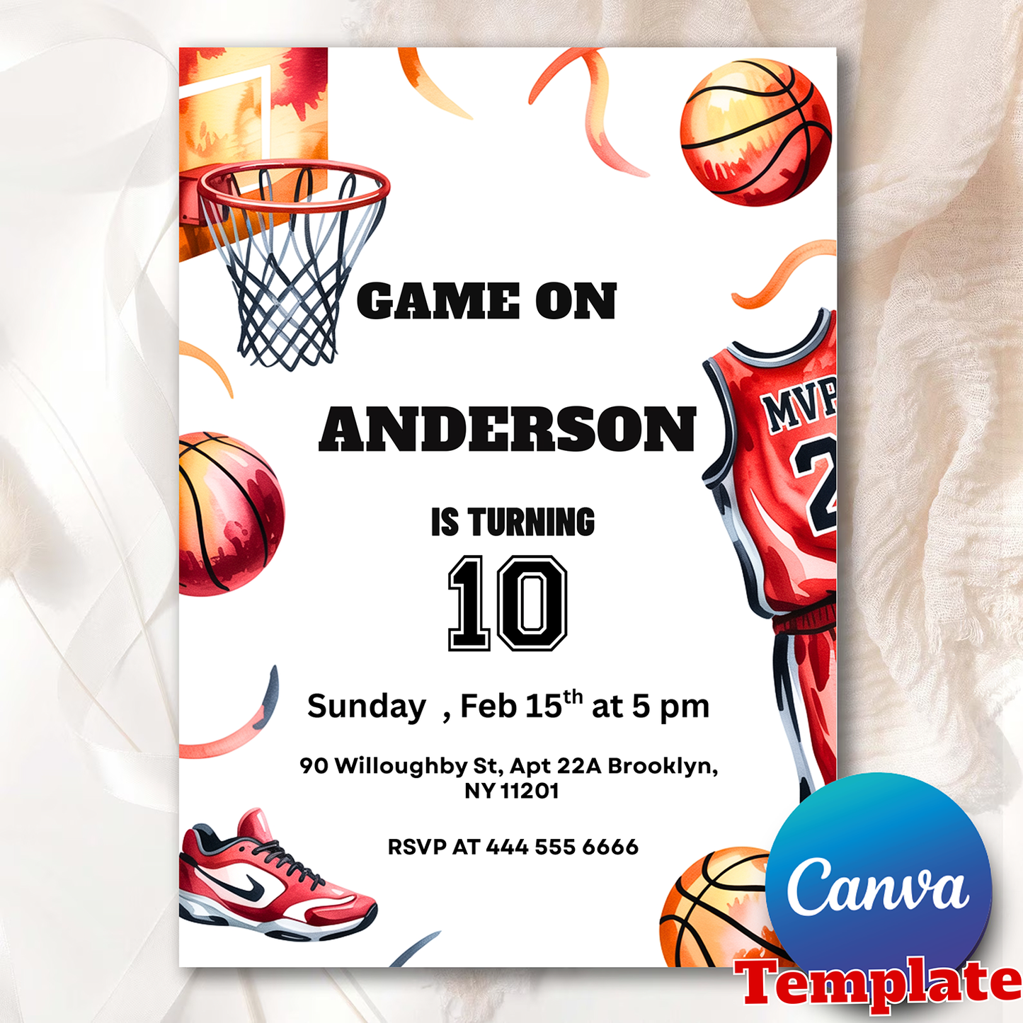 Printable Basketball Birthday Party Invite, Editable Sports Invitation Template