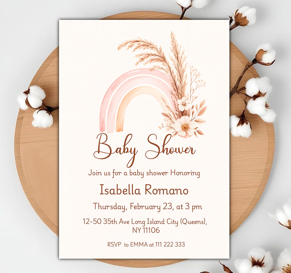 Editable Boho Rainbow Baby Shower Invitation