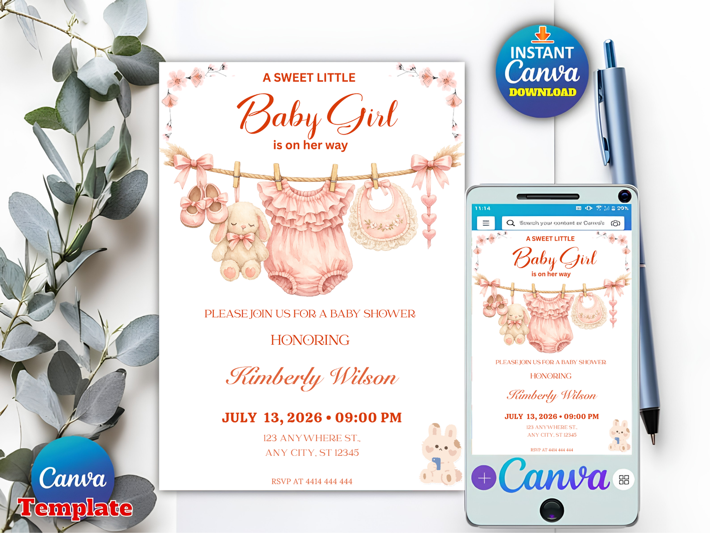 Pink Baby Clothes Sweet Baby Girl Invitation, Pink Floral Clothesline Invite, A Sweet Baby Girl is on Her Way Baby Shower, Editable Canva