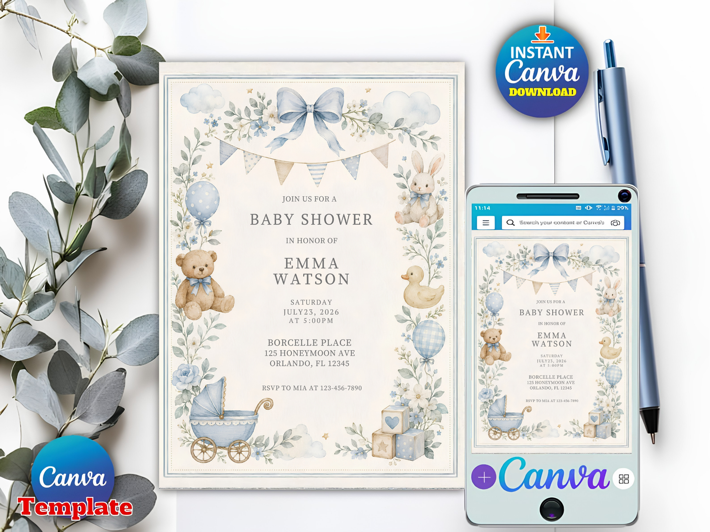 Blue Baby Shower Invitation Template, Vintage Nursery Toys Invite, Teddy Bear Rocking Horse, Floral Editable Printable Download
