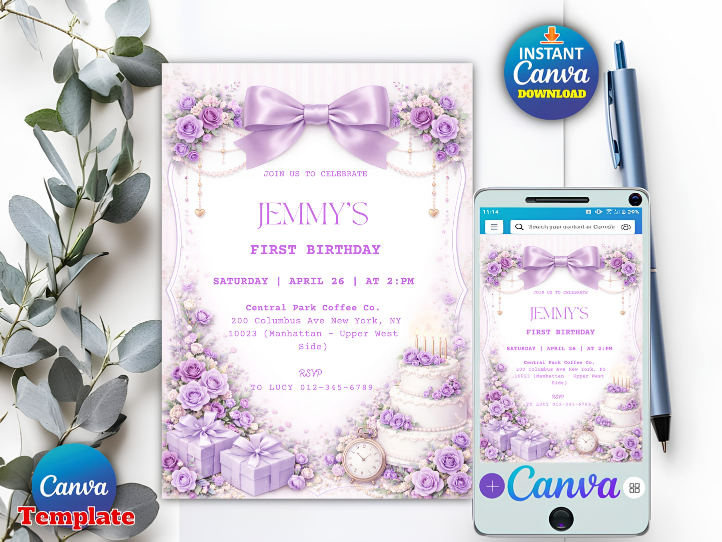 Editable Elegant Purple Rose 1st Birthday Invitation Template | Coquette Purple Bow Invite (Degital Template)