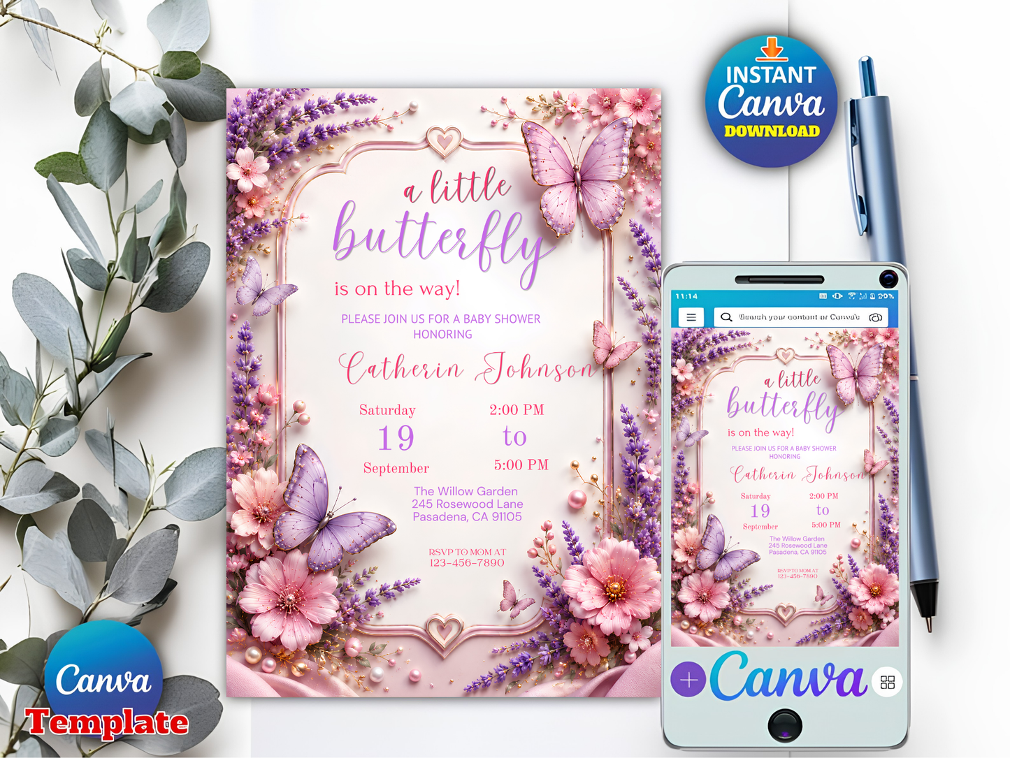 Editable Butterfly Baby Shower Invitation for Girl, Watercolor Floral Canva Template