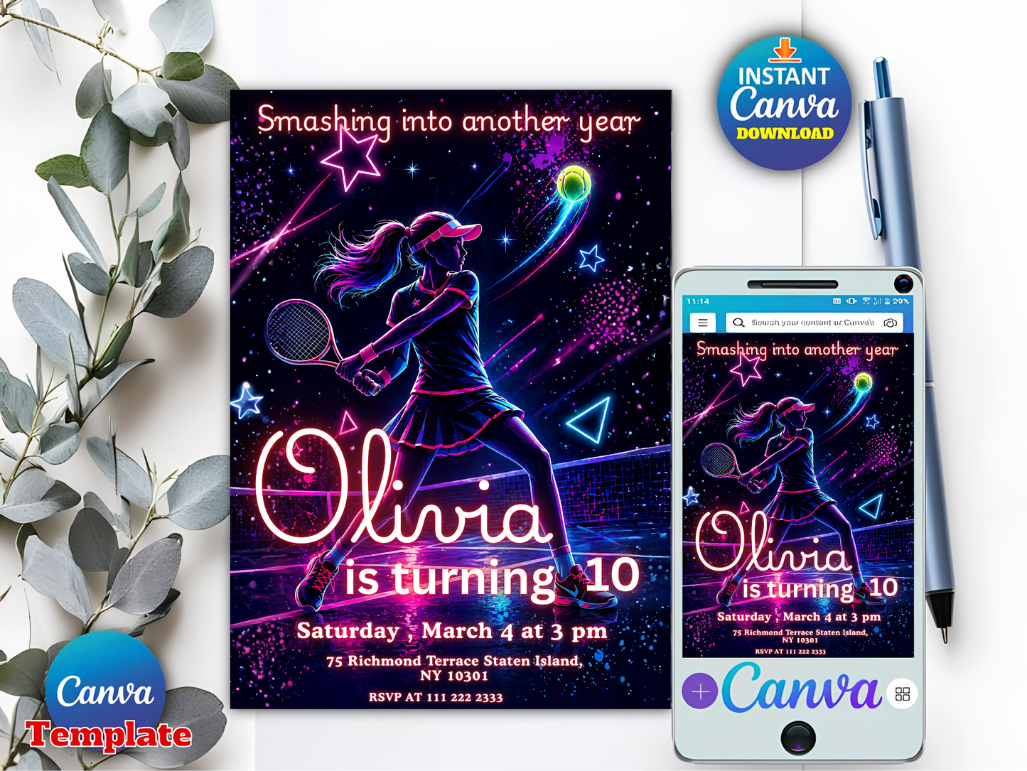 Tennis Birthday Invitation, Neon Girl Tennis Invitation, Girl Sports Party Invite, Tennis Theme Birthday Party, Editable Canva Template