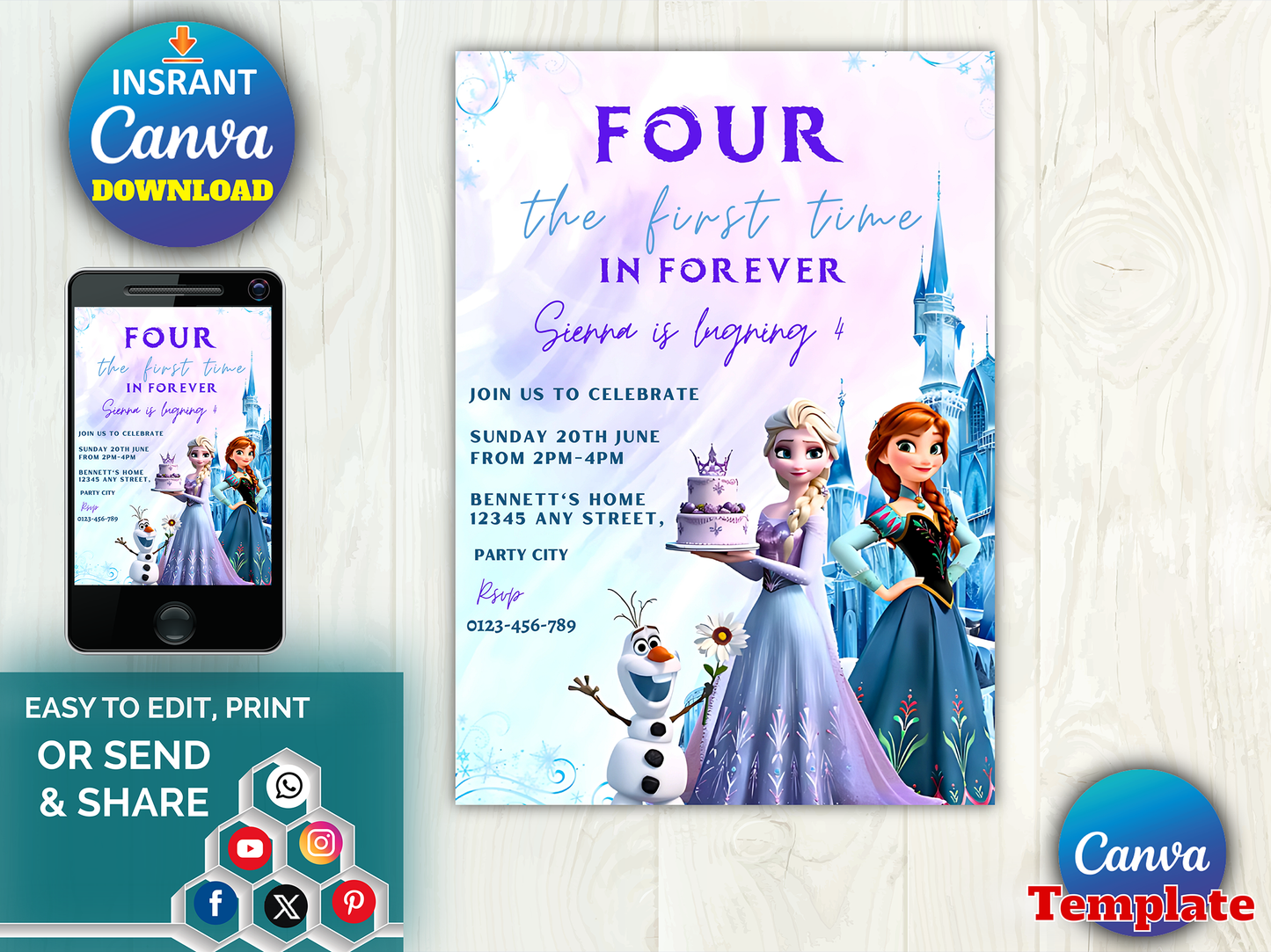 Editable Frozen 4th Birthday Invitation Template – For the First Time in Forever Party Invite