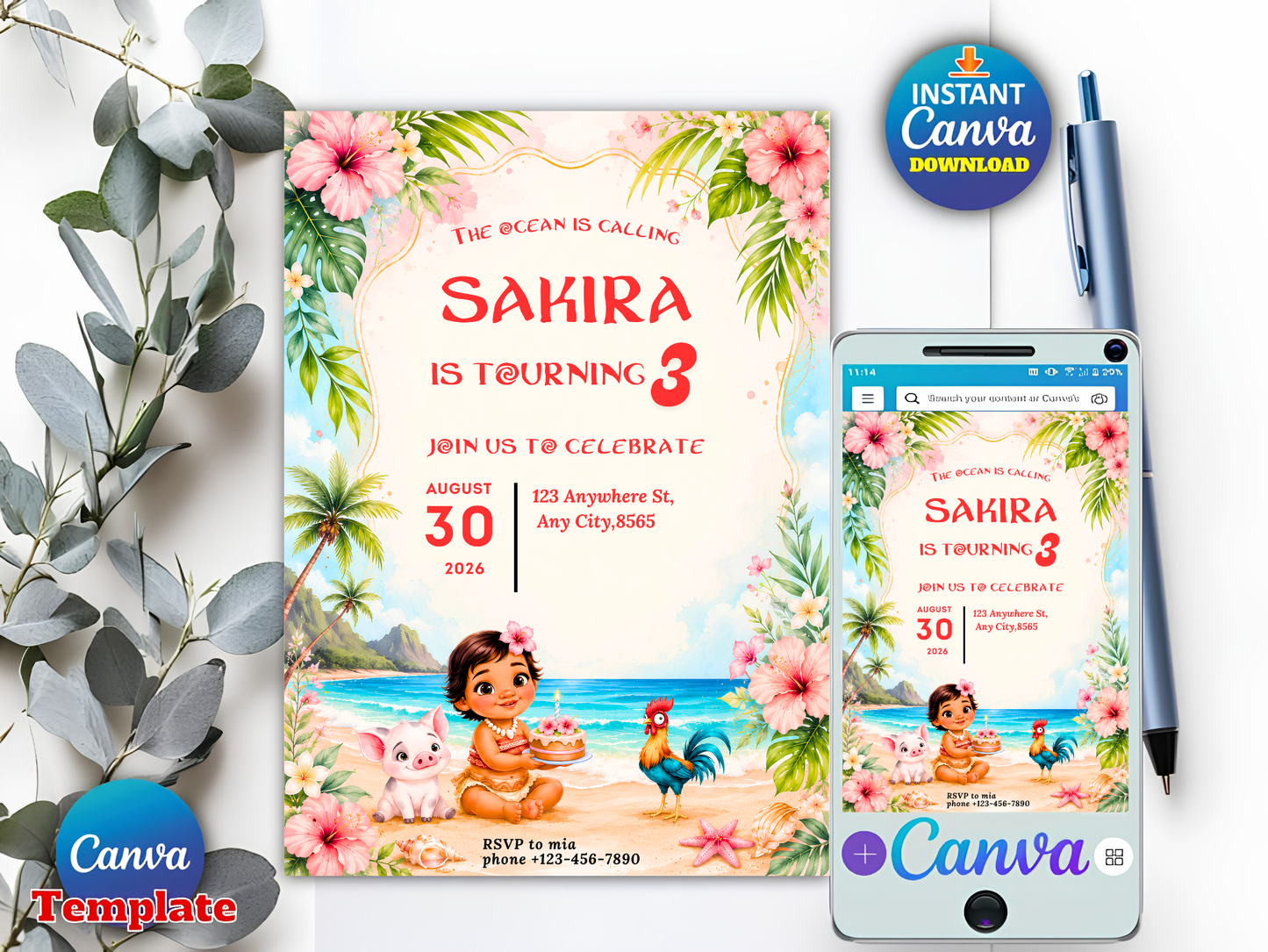 The Ocean Is Calling Birthday Invitation Girl, Polynesian Princess Beach Invite, Luau Birthday Canva Template Digital Download