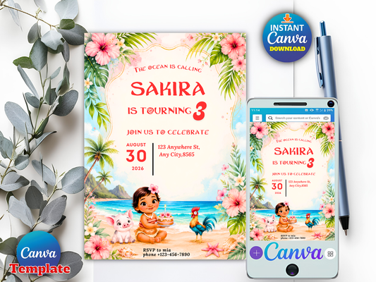 The Ocean Is Calling Birthday Invitation Girl, Polynesian Princess Beach Invite, Luau Birthday Canva Template Digital Download