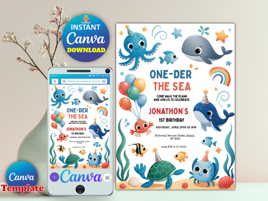 Editable Oneder The Sea 1st Birthday Party Invitation