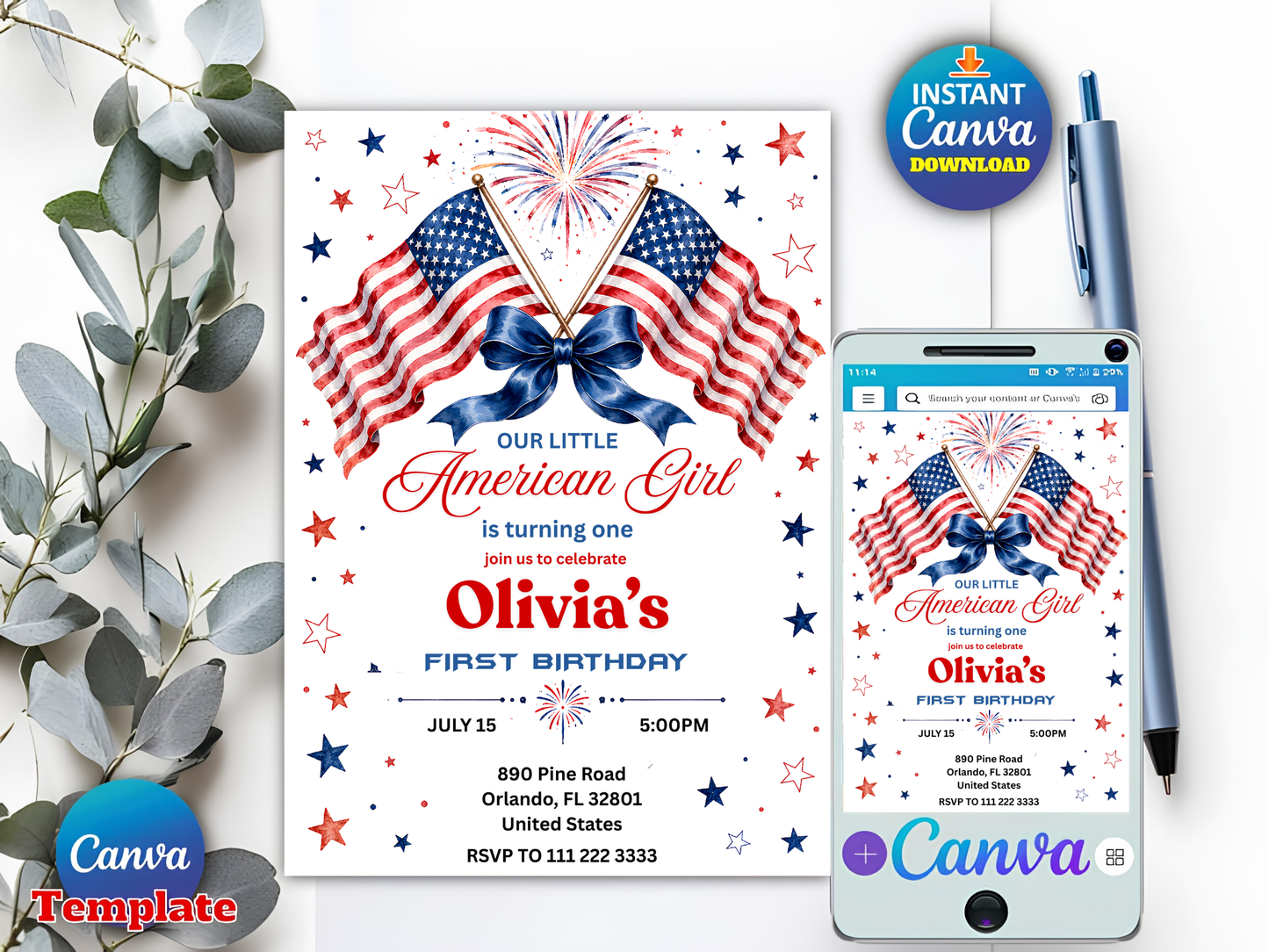 Our Little American Girl 1st Birthday Invitation Template | Editable Canva Patriotic Party Invite 🇺🇸
