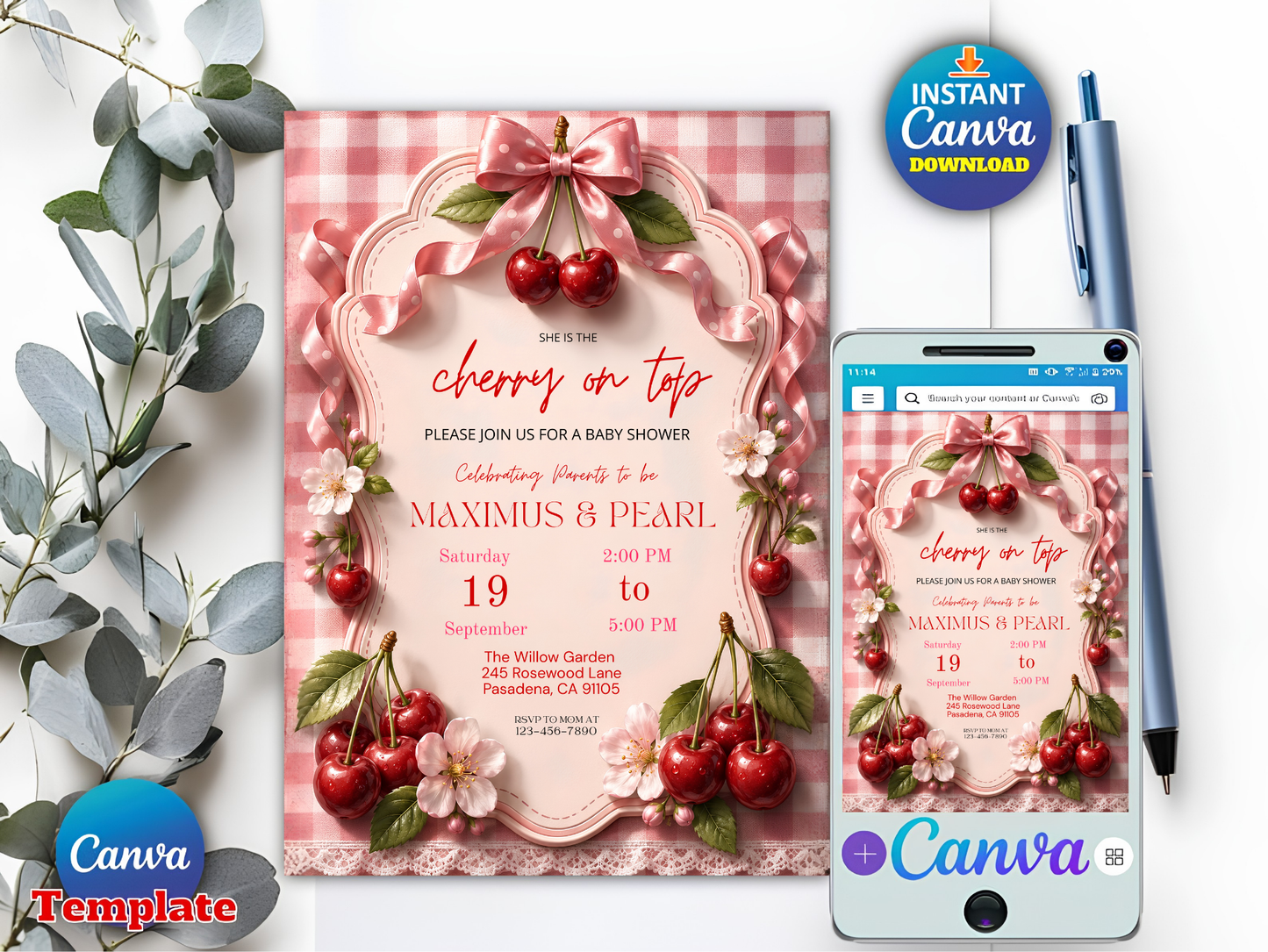 Editable She Is The Cherry On Top Baby Shower Invite | | Pink Gingham + Bow Canva Template (Digital Download)