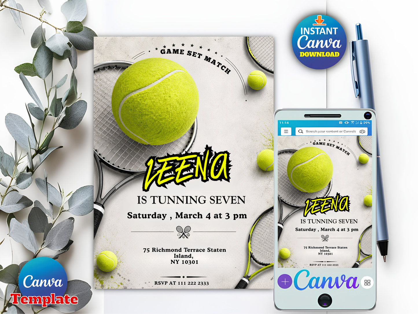 Tennis Birthday Invitation Template, Editable Sports Party Invite (Digital Download)