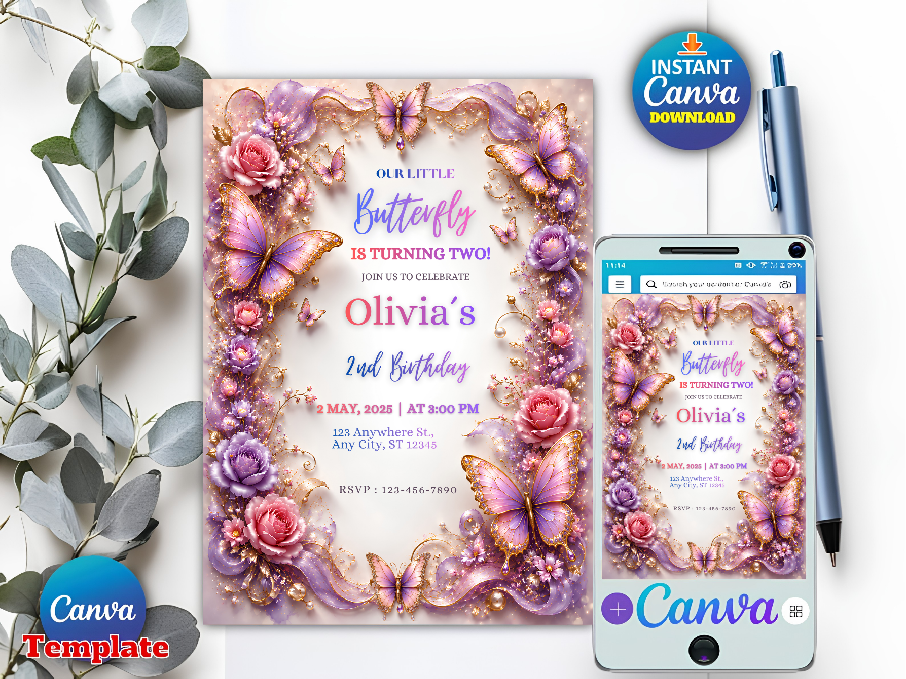 A digital invitation template design shown as a printed card, a phone screen preview, and a Canva template badge, styled with a pen and eucalyptus leaves on a white background.