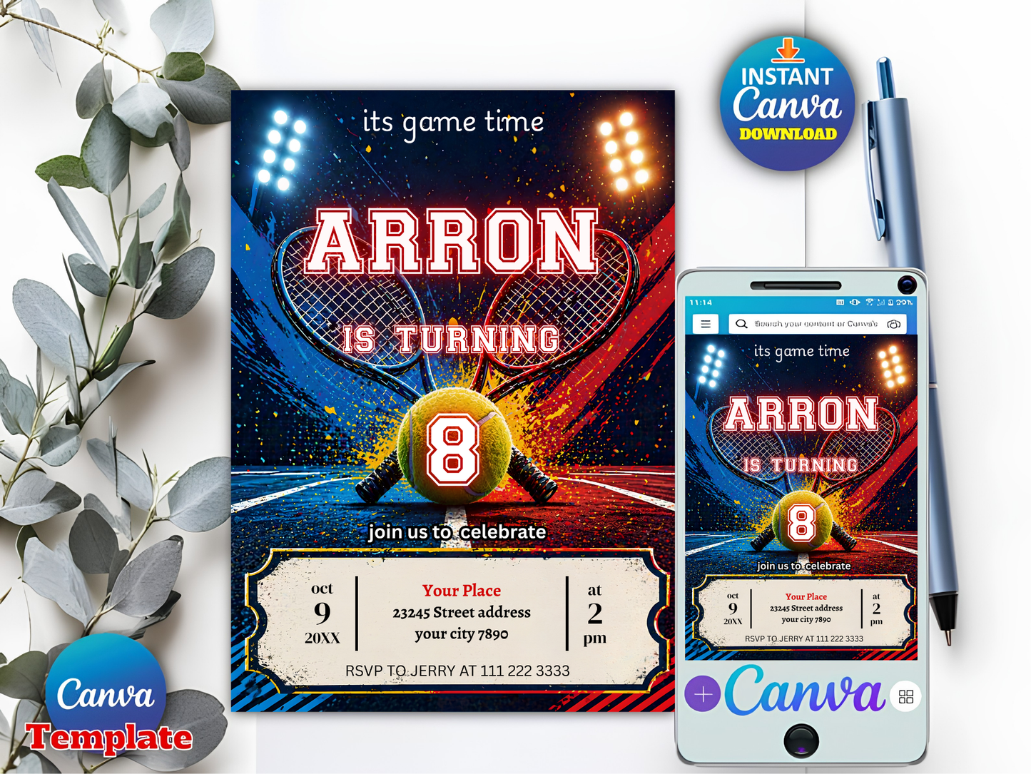 Tennis Birthday Invitation, Any Age, Editable Tennis Ticket Bday Party, Printable Digital Template, Mobile Invite Card, Instant Download