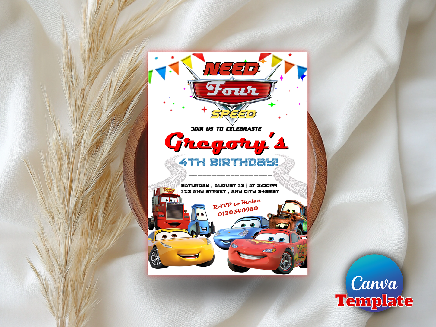 Need for Speed Cars Theme 4th Birthday Invitation Canva Template Printable