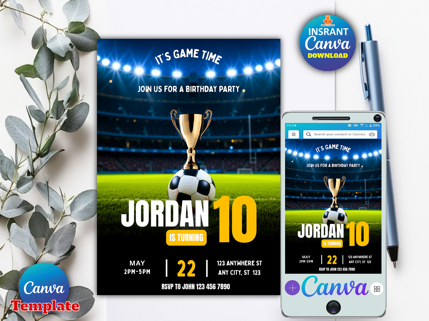 Soccer Football Stadium Theme 10th Birthday Invitation Canva Template