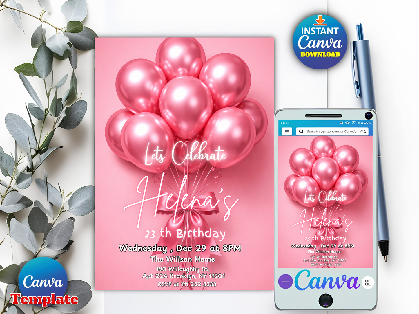 Pink Balloons Birthday Party Invitation Template