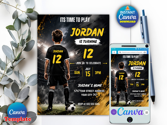 Soccer Birthday Invitation, Boys Sports Party Digital Invite, Football Party Evite, Soccer Invitation, Sports Theme, Editable Canva Template