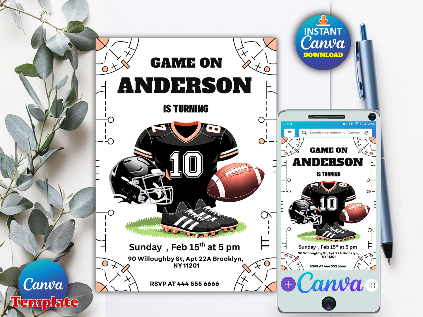 Football Birthday Invitation, Printable American Football Birthday Party Invite, Sports Invitation Template