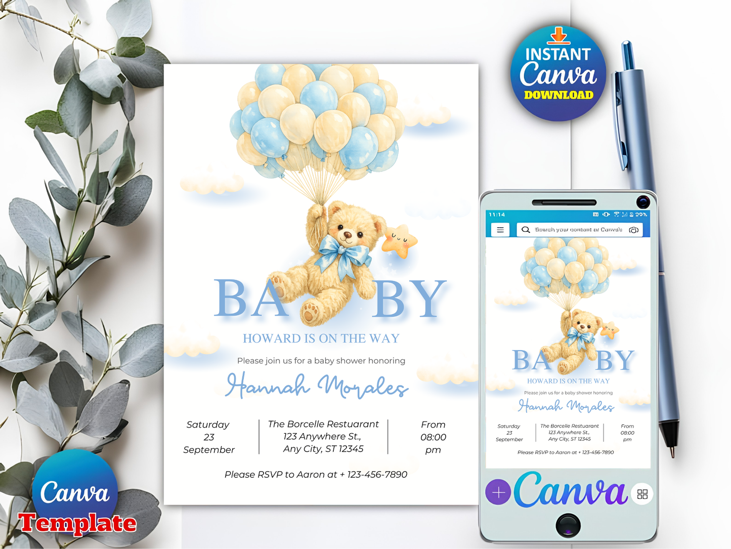 Editable Brown Bear Balloon Baby Shower Invitation, We Can Bearly Wait Baby Shower Invite, Blue Boy Boho Bear Baby Shower Canva Digital