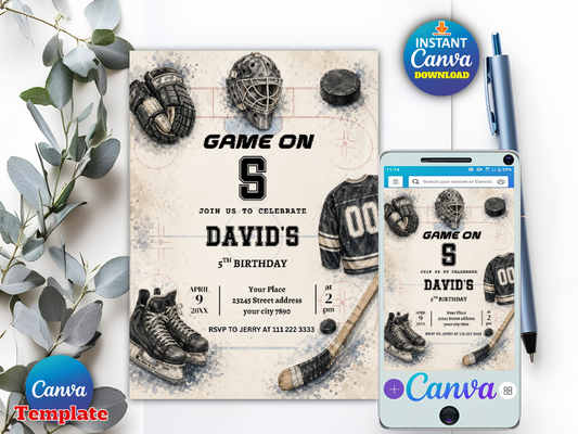 Editable Ice Hockey Birthday Invitation Template | Vintage Game On Sports Invite Canva  (Degital Template)