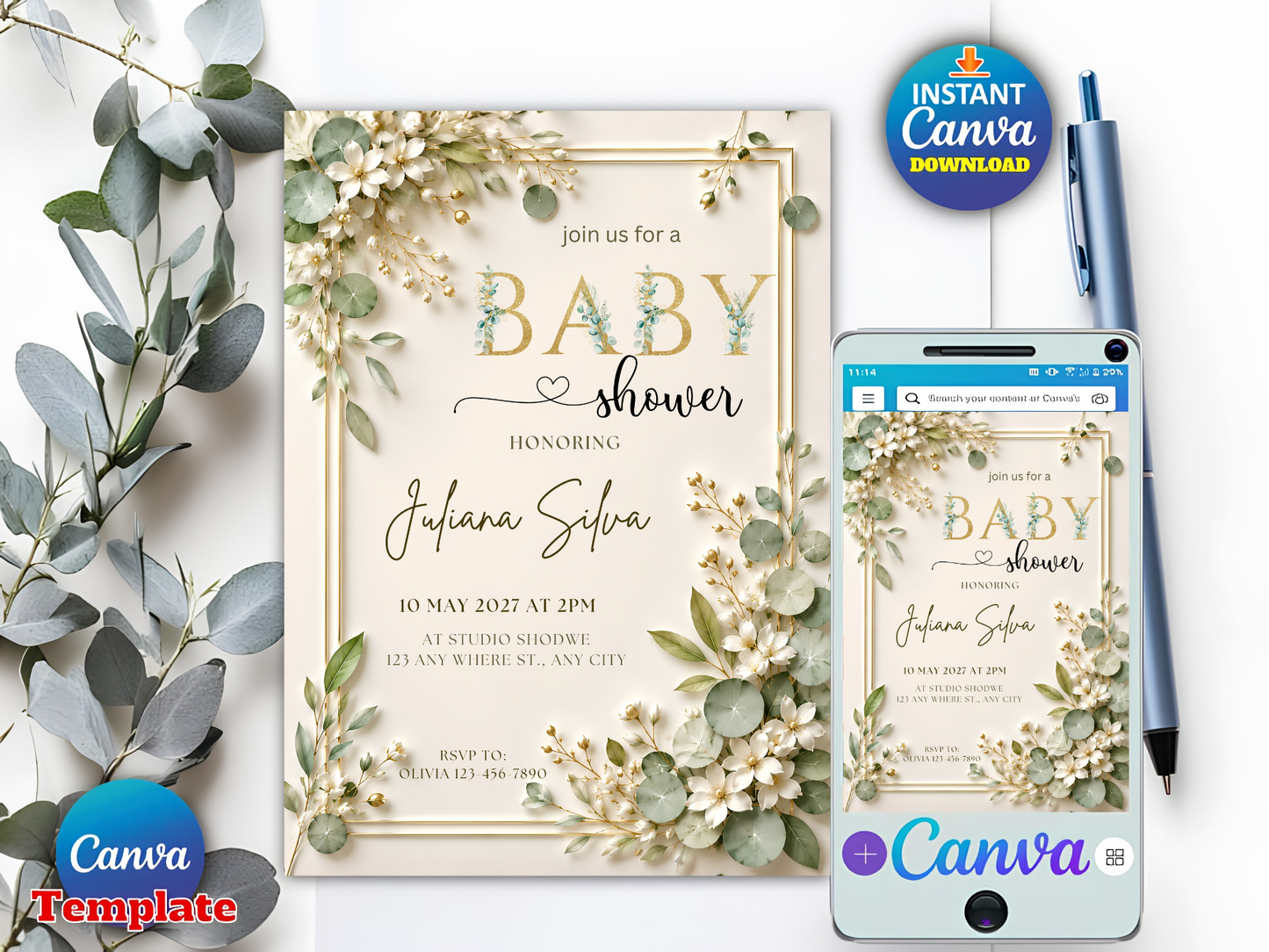 EDITABLE Elegant Baby Shower Invitation Green Leaves and Gold Baby Invite White Flowers Baby Shower Simple Baby Shower Invitation