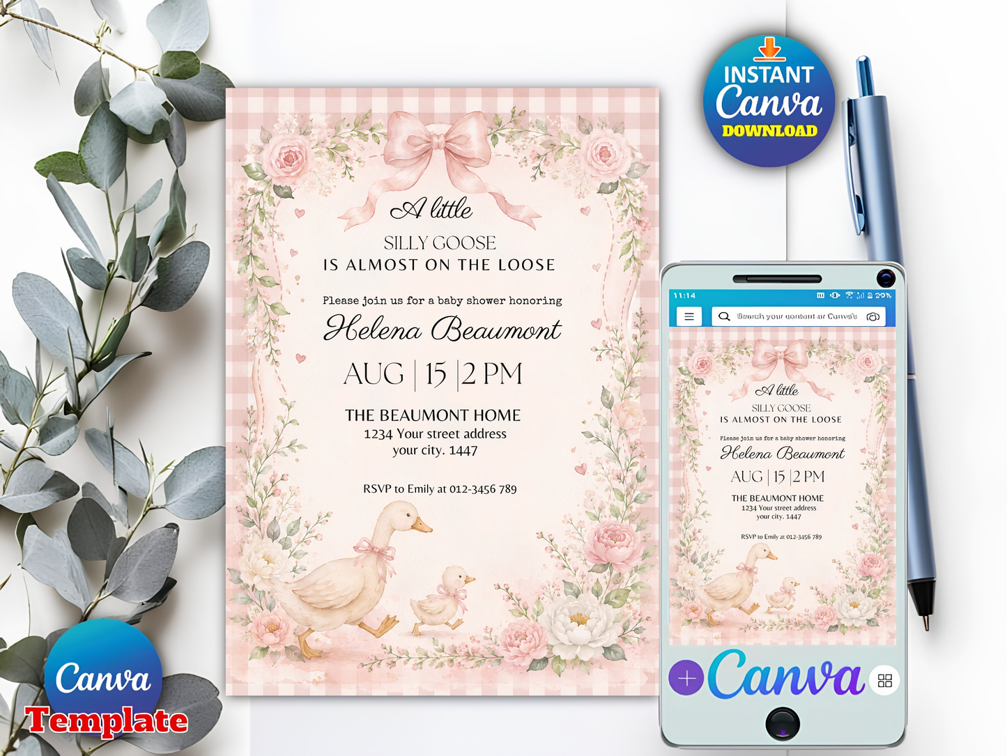 Silly Goose Baby Shower Invitation Template, Pink Gingham Girl Baby Shower Invite, Silly Goose Invite, Digital Invitation, Canva