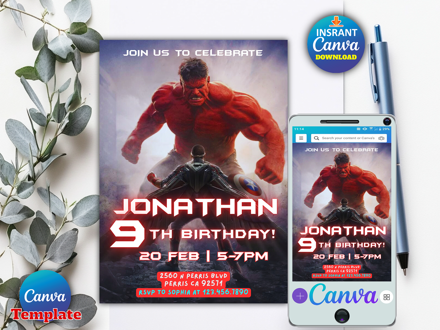 Red Hulk and Captain America Themed 9th Birthday Invitation Canva Template