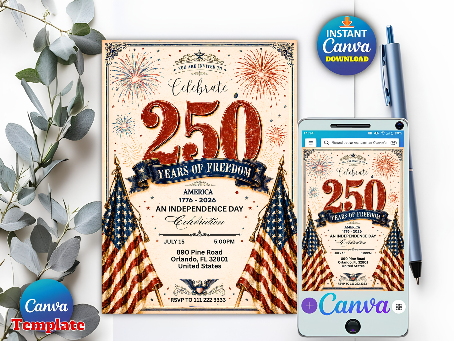 America 250 Party Invite, 4th of July Invitation, Patriotic BBQ, 250 Years of Freedom Celebration, Editable Canva Template