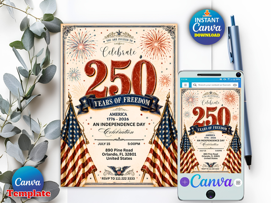 America 250 Party Invite, 4th of July Invitation, Patriotic BBQ, 250 Years of Freedom Celebration, Editable Canva Template