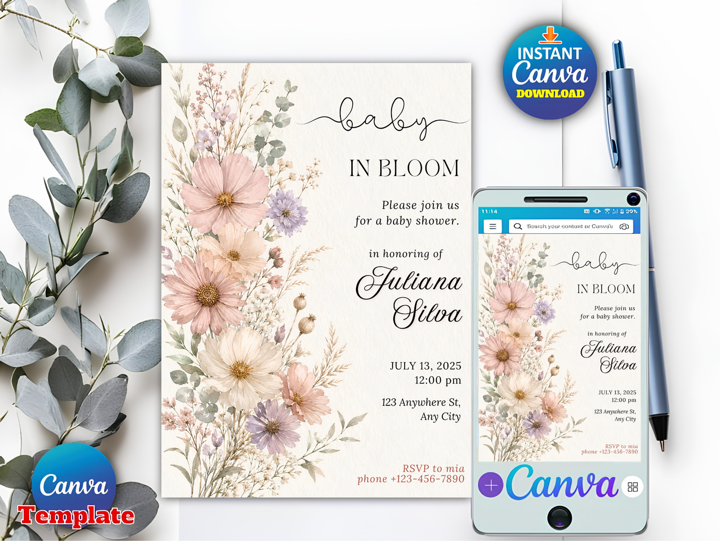 Baby in Bloom Invitation, Wildflowers Baby Shower Invitation, Purple Pink Flower Invitation,Wild Flower Invite, Floral Baby Brunch Invite