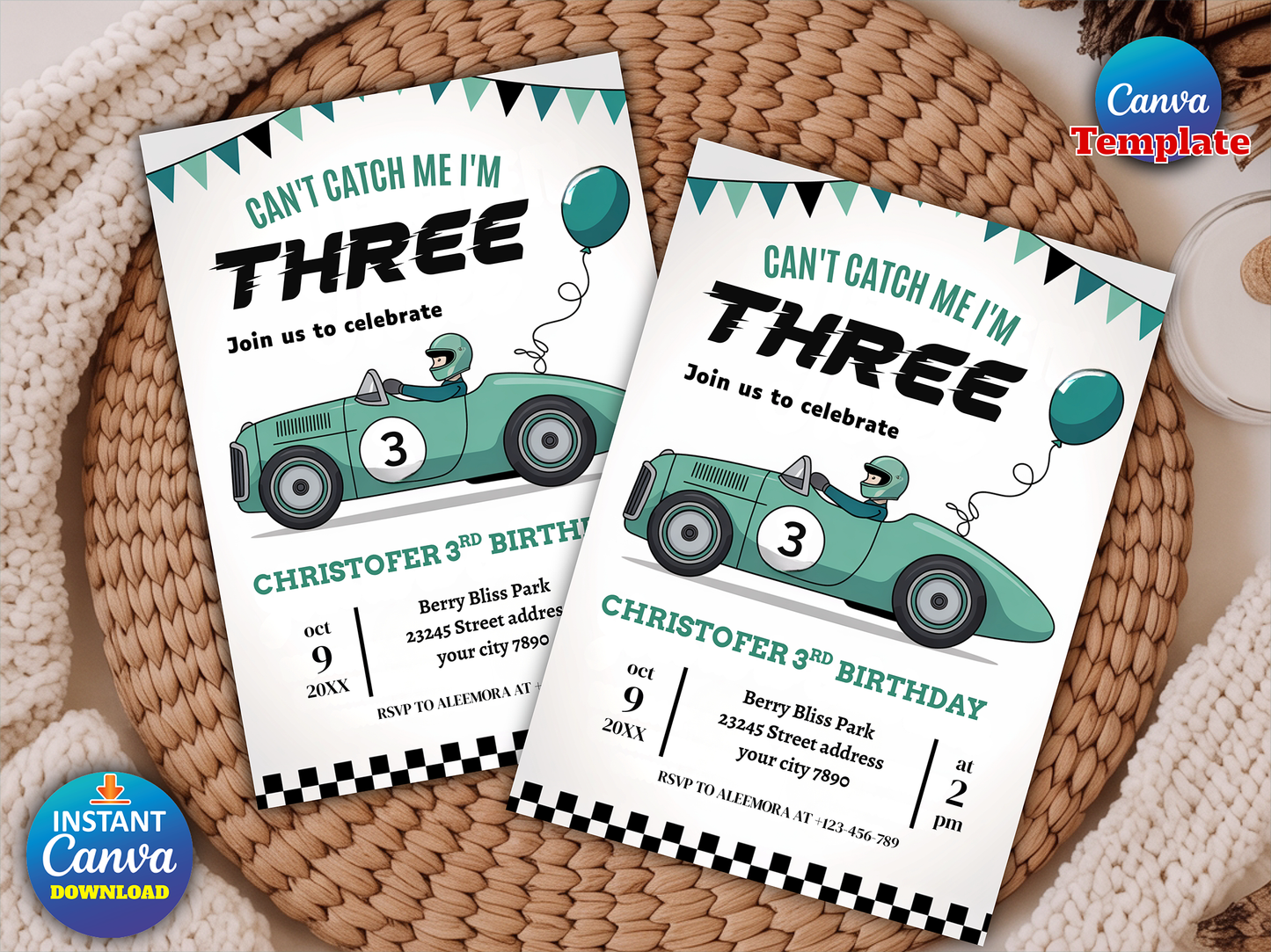 Editable Race Car 3rd Birthday Invitation