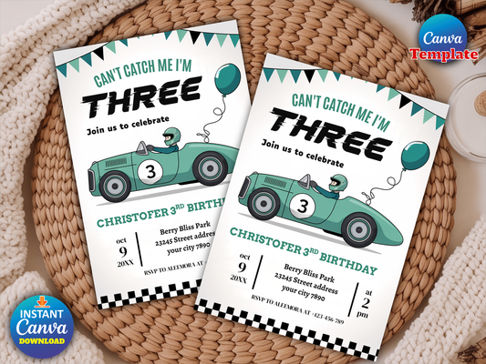 Editable Race Car 3rd Birthday Invitation
