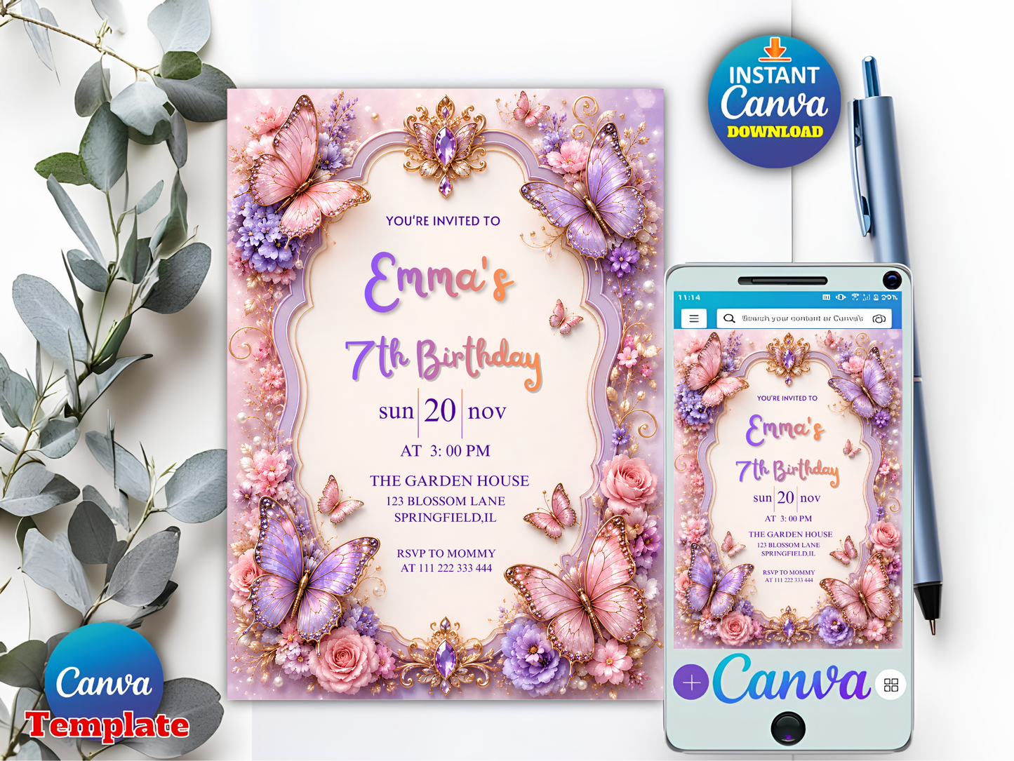 Butterfly Birthday Invitation Template, Floral Editable Invite, Girl Birthday Party Canva Template, Purple Pink, Instant Download