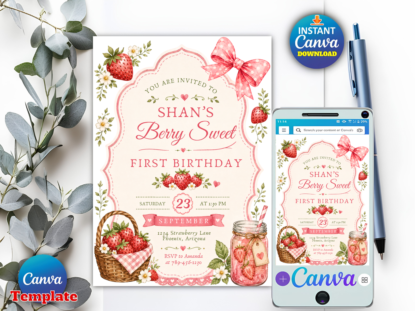 Berry Sweet First Birthday Invitation Template, Strawberry Editable Invite, Girl 1st Birthday Canva Template, Instant Download