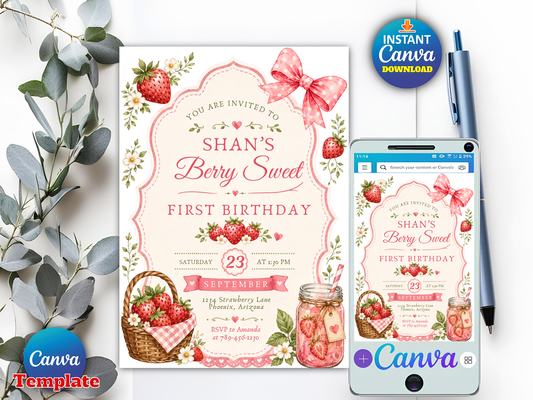 Berry Sweet First Birthday Invitation Template, Strawberry Editable Invite, Girl 1st Birthday Canva Template, Instant Download