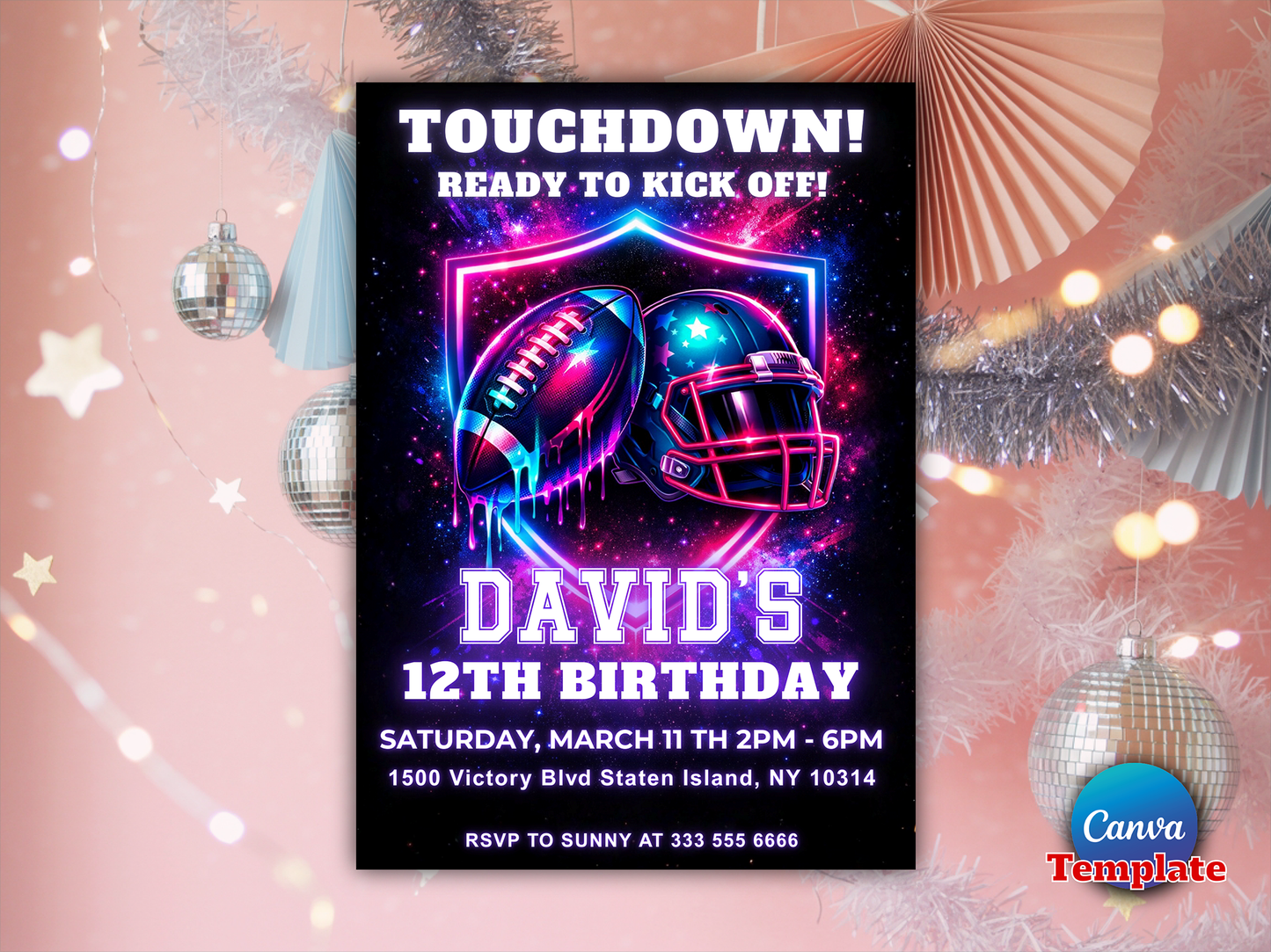 Football Birthday Invitation, Ice Cream Drip Neon Party, Sports Theme Style Party Invitation