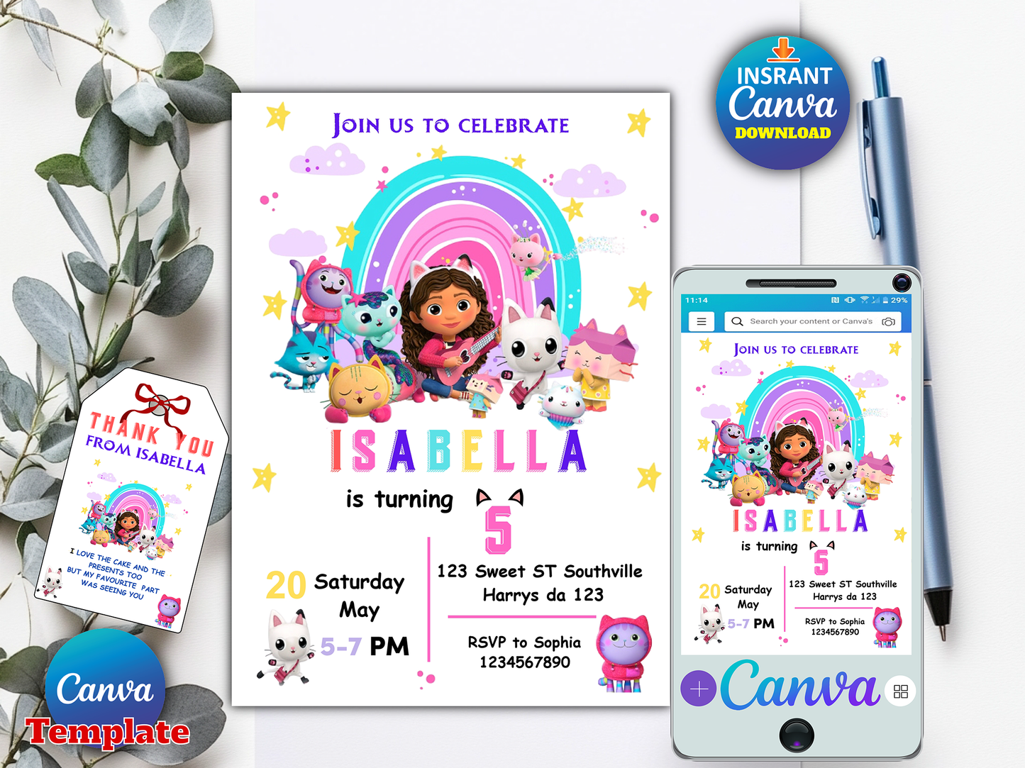 Gabby’s Dollhouse Birthday Invitation Canva Template – Editable, Printable & Instant Download 🎉✨