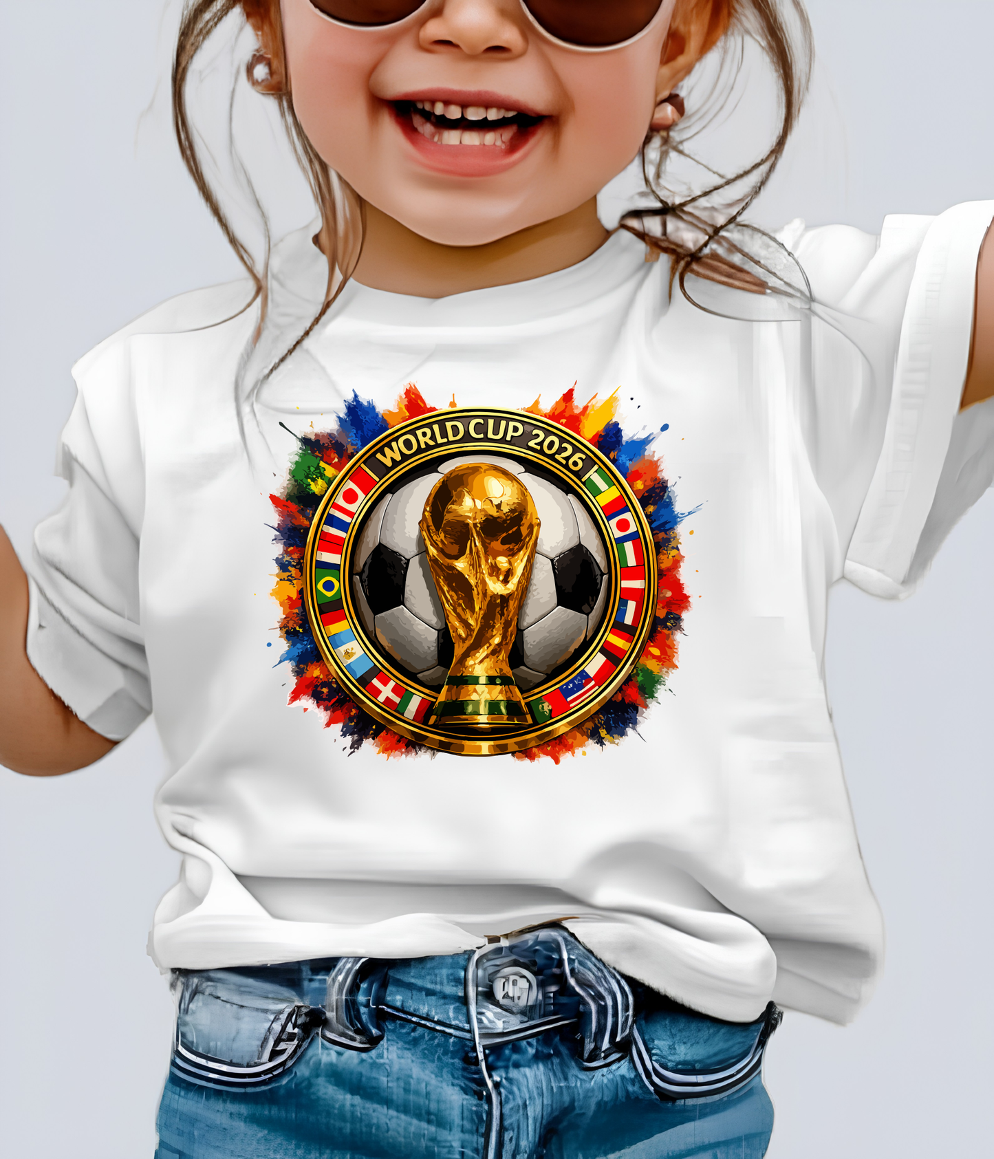 Official World Cup 2026 Colorful Soccer Trophy Graphic T-Shirt (physical)