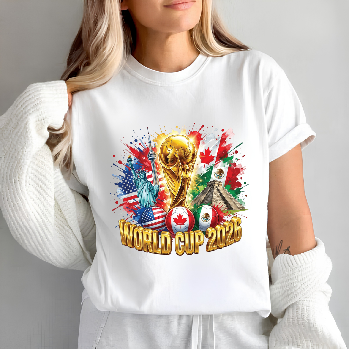 World Cup 2026 Host Landmarks and Flags Watercolor Splatter Sweatshirt (physical)
