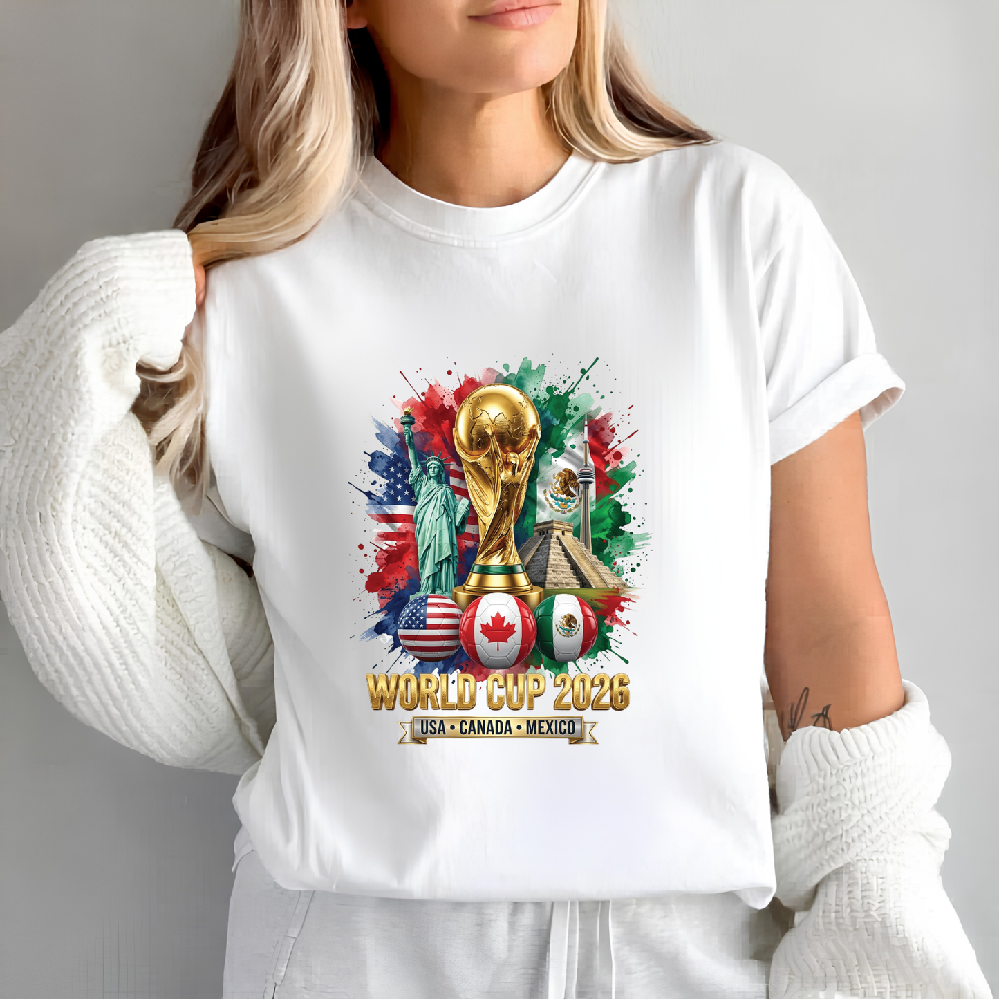 Vibrant Watercolor Splash Global Football Event 2026 Golden Trophy Tee (physical)