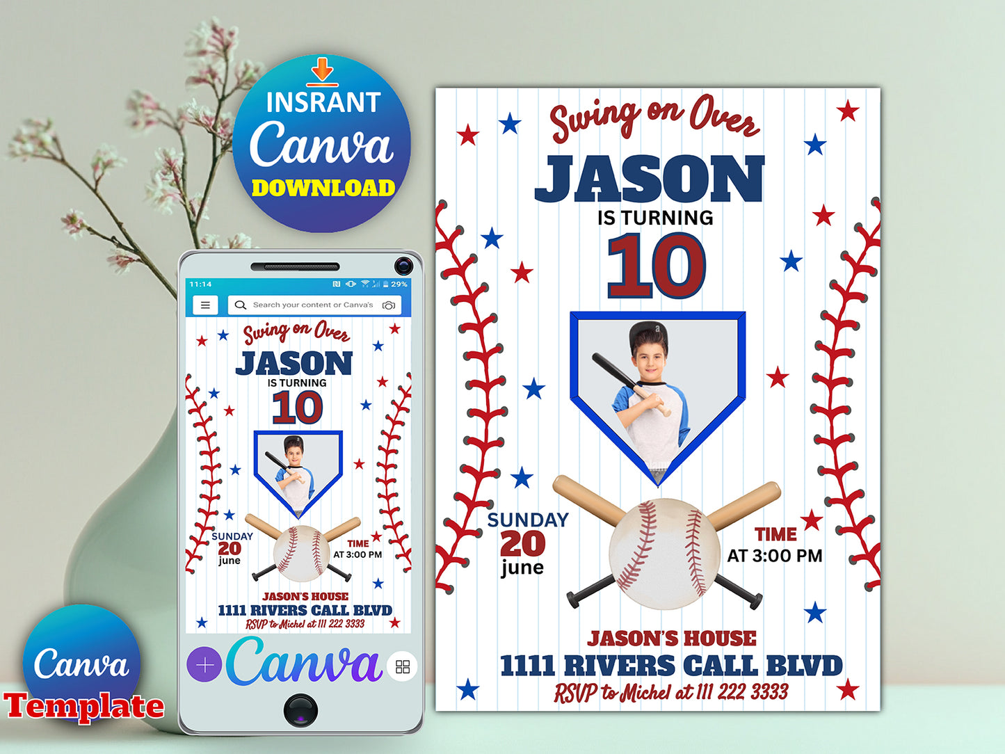 Editable Baseball Birthday Invitation with Photo (Printable)