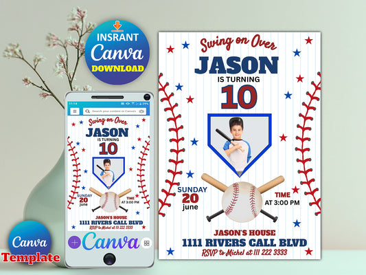 Editable Baseball Birthday Invitation with Photo (Printable)