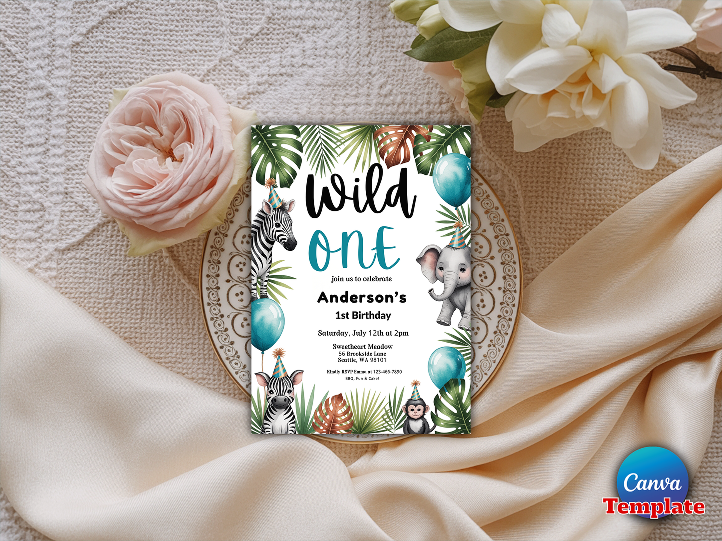 Editable Wild One Birthday Invitation Safari Animals Invite Jungle Safari Animal Party Modern Monochrome Safari Party Instant Download