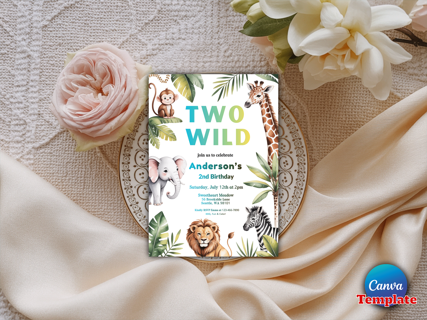 Two Wild Birthday Invitation Jungle Safari Animals Invitation Gold Safari Two Wild 2nd Birthday Party Instant Download Editable PDF File