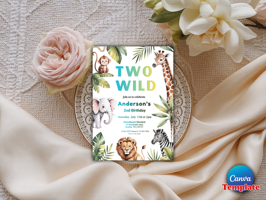 Two Wild Birthday Invitation Jungle Safari Animals Invitation Gold Safari Two Wild 2nd Birthday Party Instant Download Editable PDF File