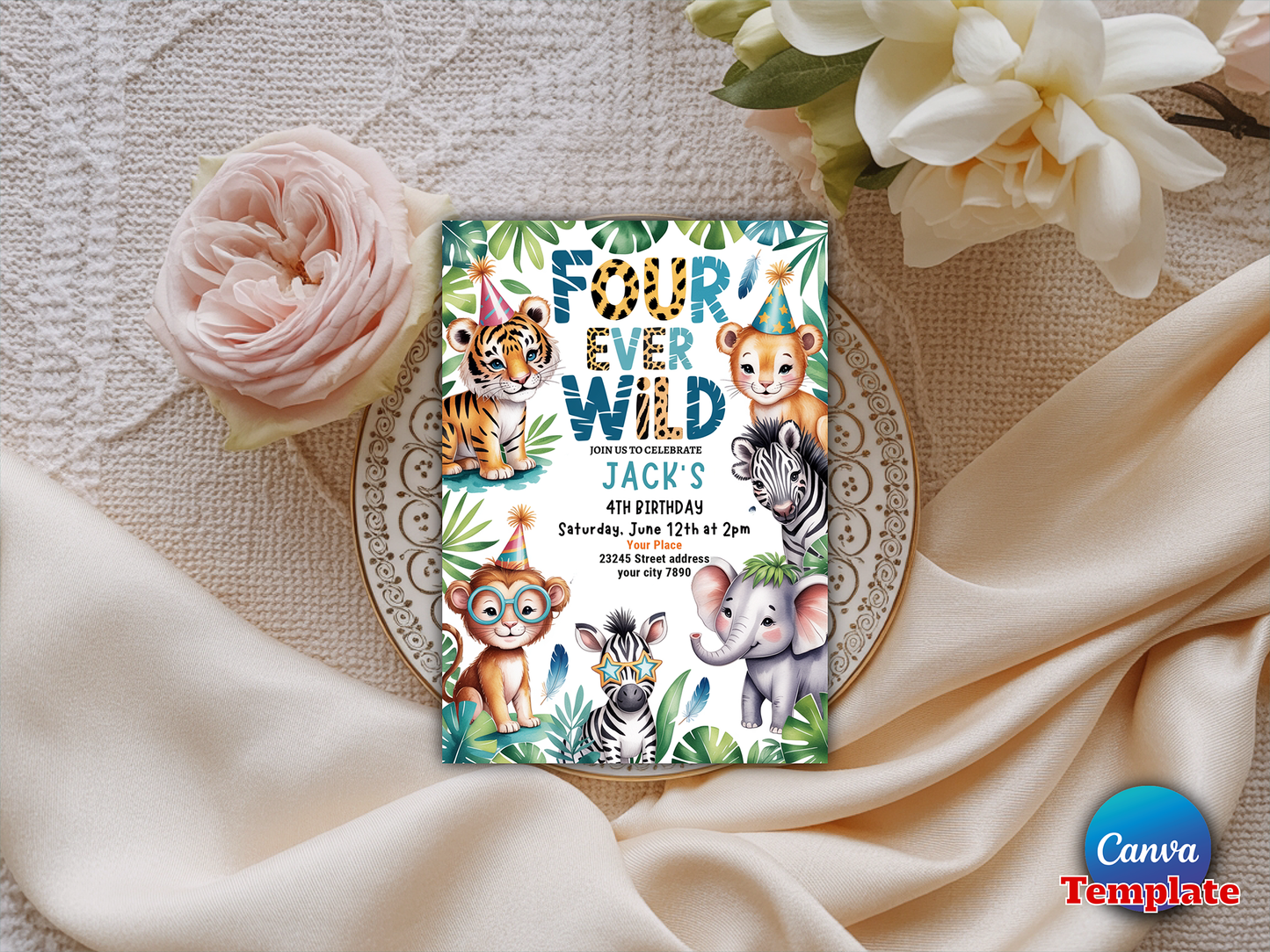Editable Four Ever Wild Safari Animals Birthday Invitation Boy Tropical Cheetah Print Leopard Print Wild Safari Animals Party Download