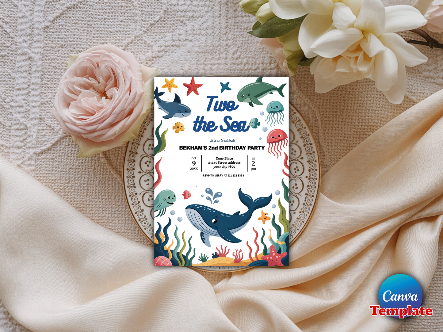 Editable Two the Sea 2nd Birthday Party Invitation Under The Sea 2nd Birthday Whale Shark Sea Life Party Instant Download Editable
